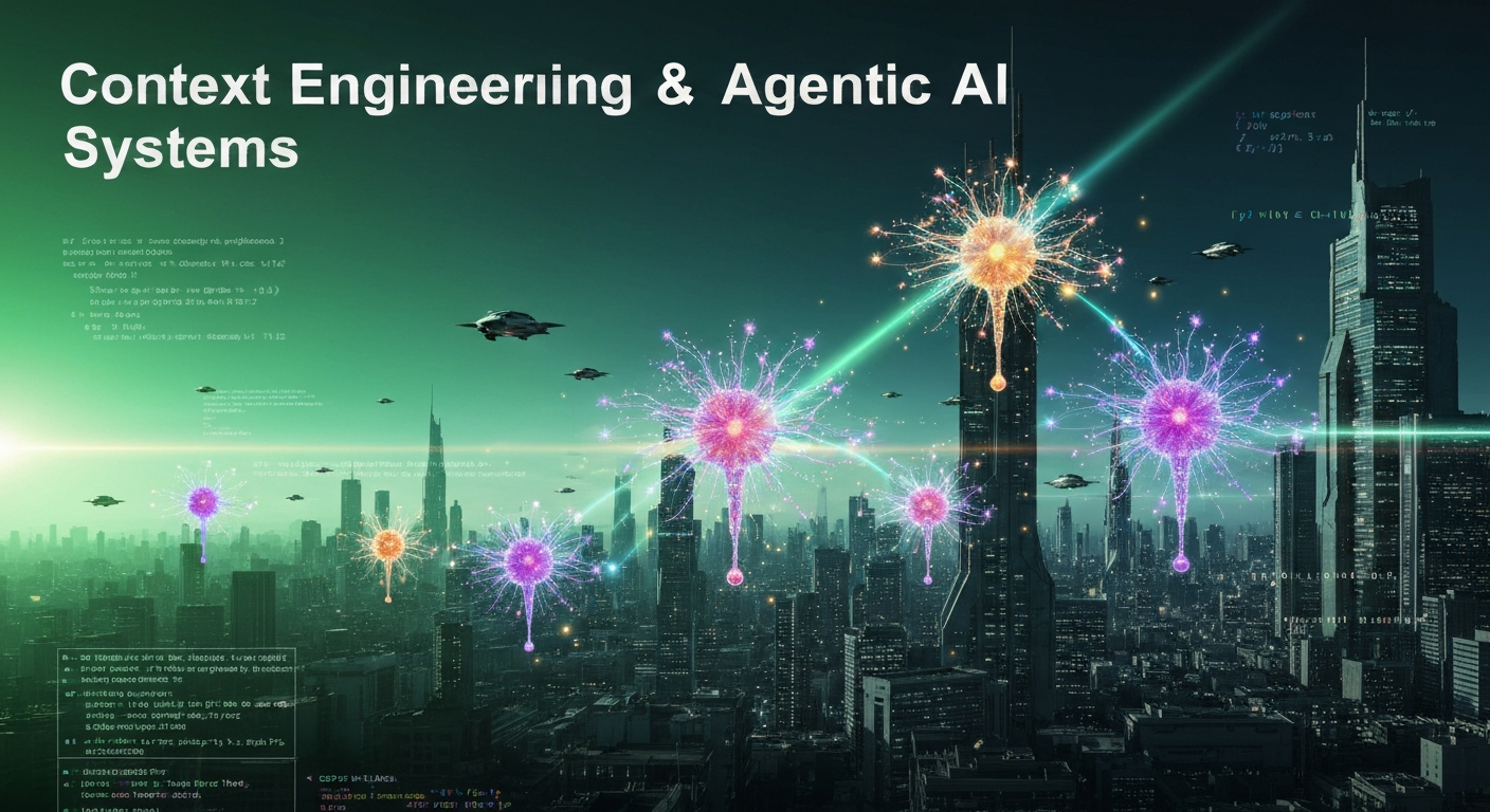 Context Engineering for Agentic AI — parallel AI agents connected by glowing data streams on a dark teal background